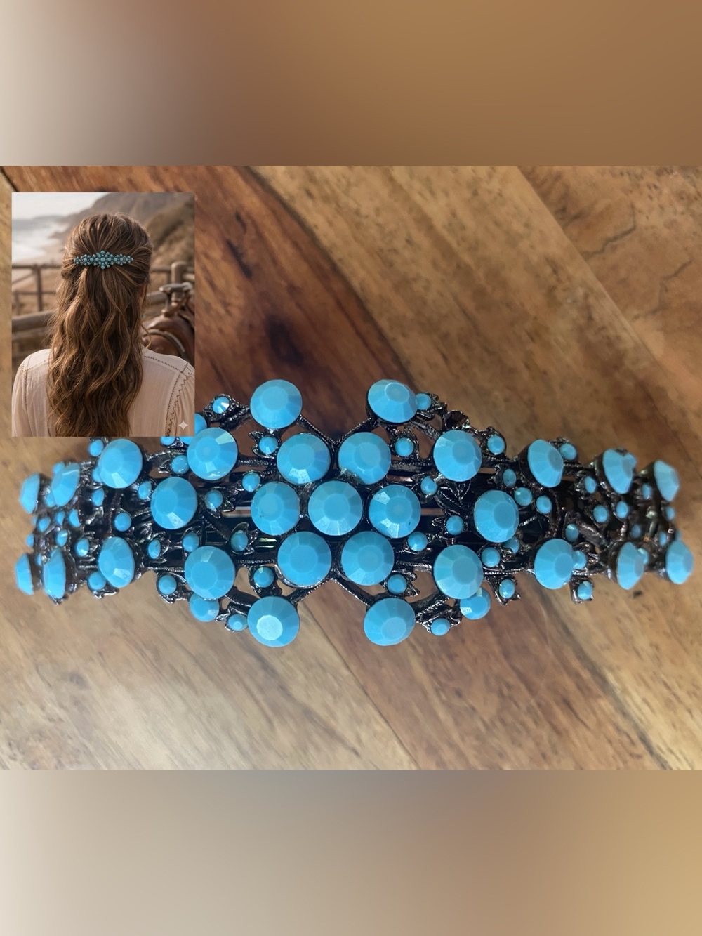 Turquoise Gem Cut Stone Women's French Made Barrette / Hair Clip